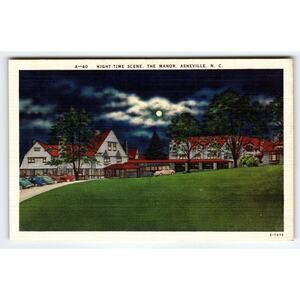 Night Time Scene The Manor Old Cars Moon Asheville North Carolina Linen Postcard